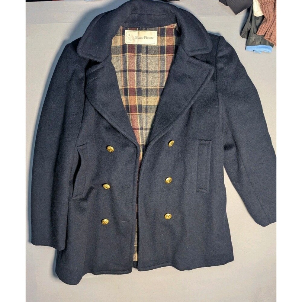 Vintage Evan Picone Double Breasted Wool Peacoat Womens 12 Military Navy Blue